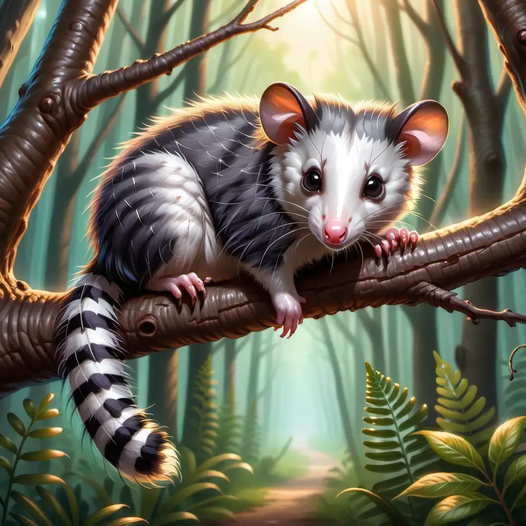  illustration,
hintergrund nordamerika, Ein niedliches Opossum hängt gemütlich an einem Ast in einem nordamerikanischen Wald, sein buschiger Schwanz dient ihm als Balancierhilfe.
