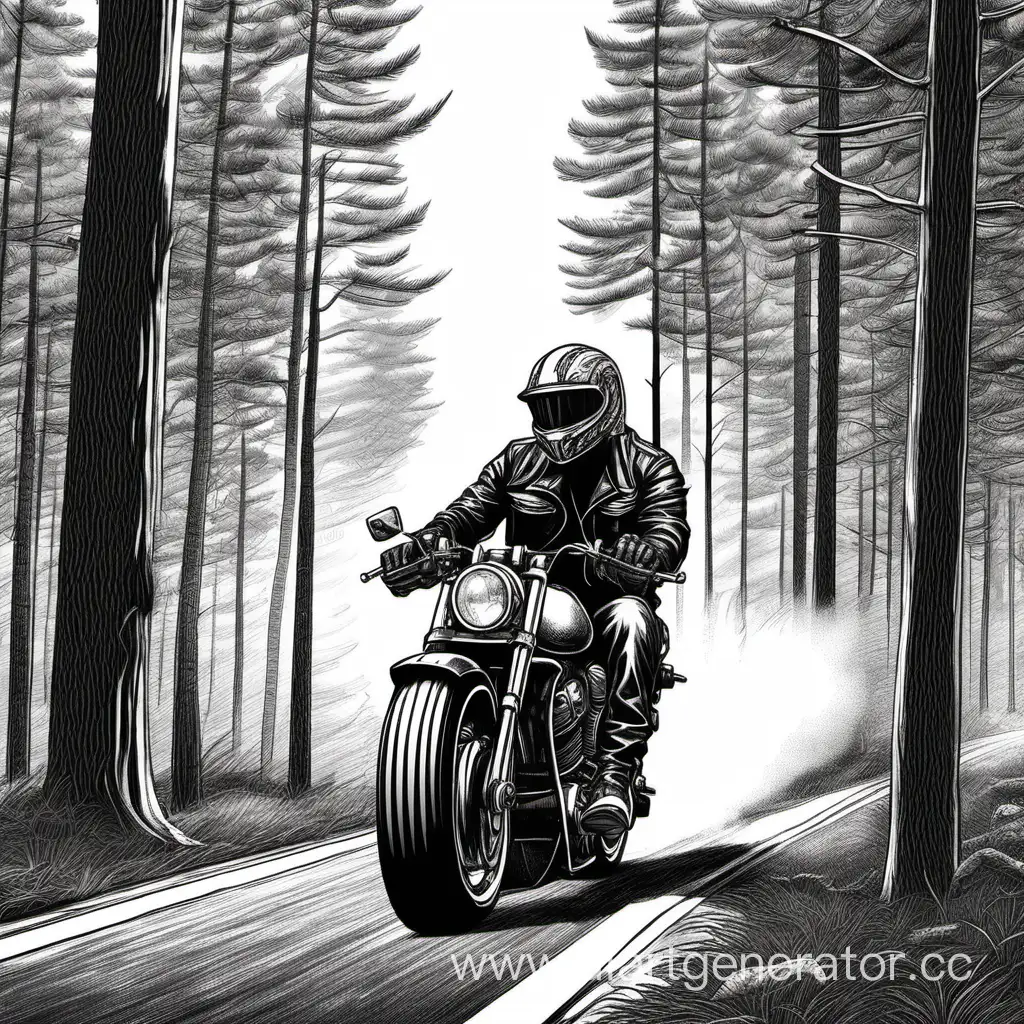 рисунок Байкер в шлеме на большом мотоцикле едет по дороге вдоль леса и елей