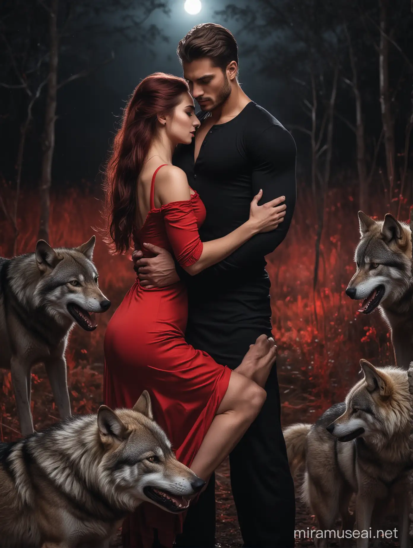 A handsome young man in a cool black tight top to his muscles, holding a lady in red dress romantically, with wolves beside them, at night. 