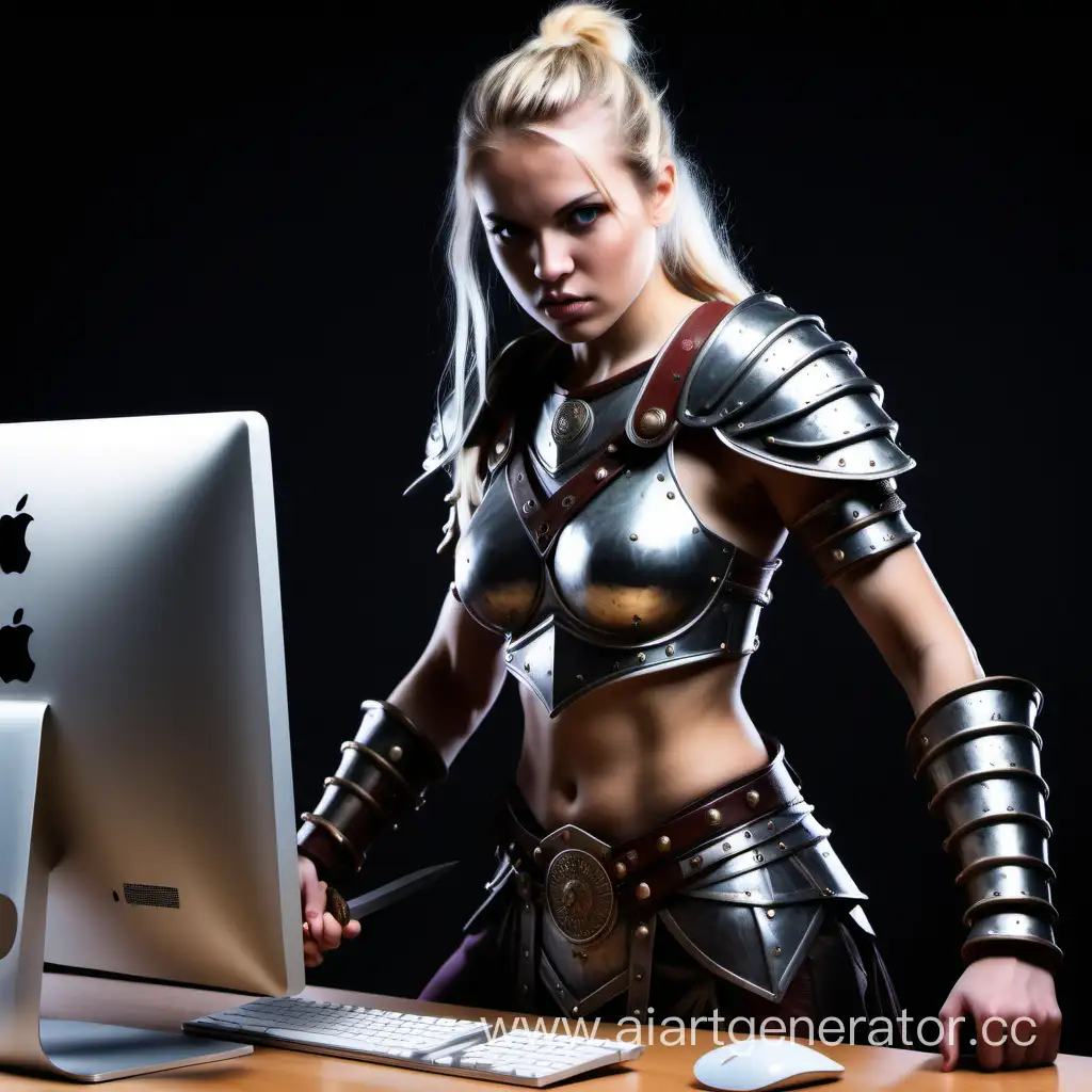 девушка воительница с мечом за компьютером i mac
