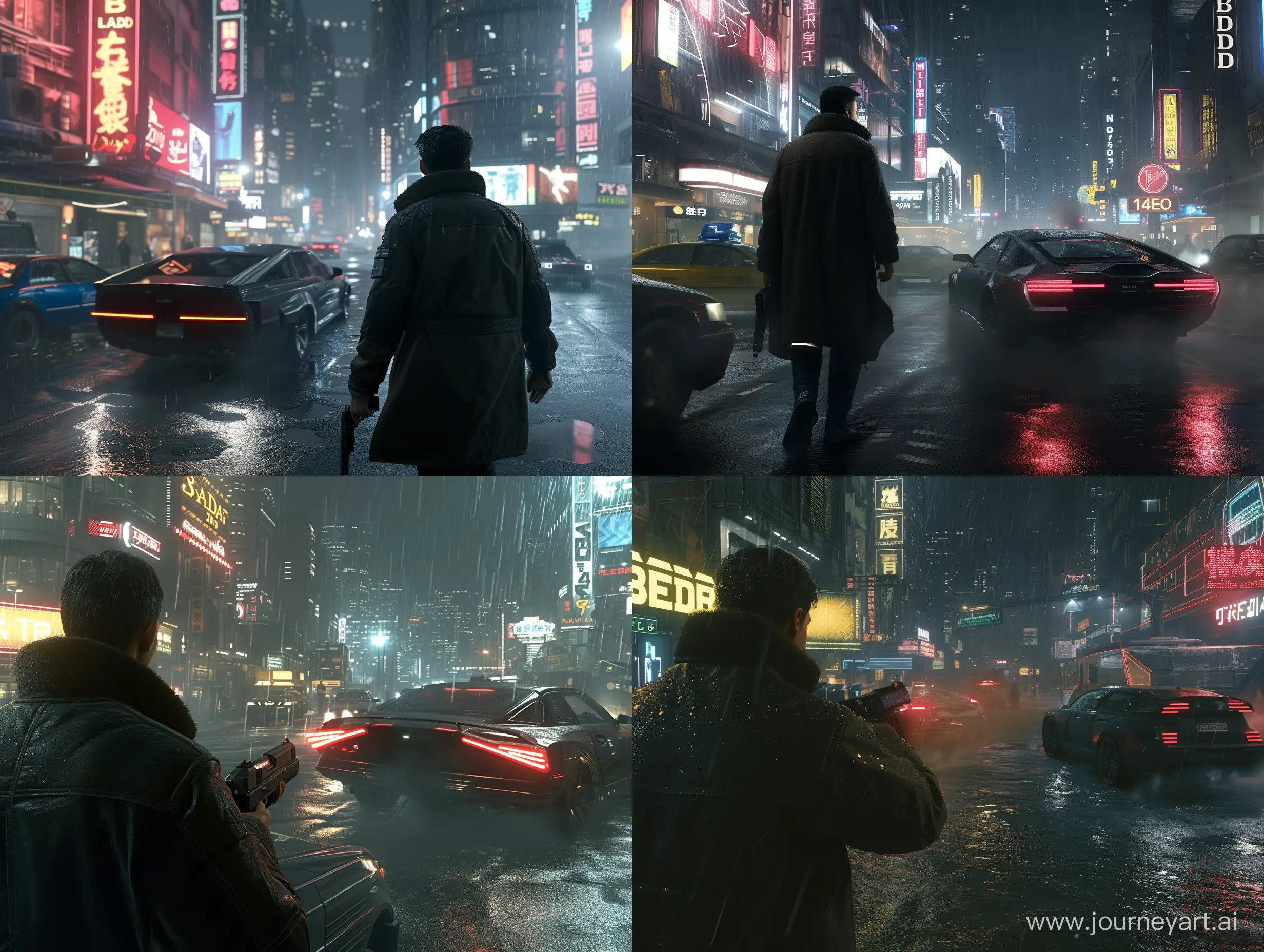 "Blade Runner 2049" is a third-person video game taking place in a futuristic city with cutting-edge ray tracing graphics. Tailored for the PS5, this edition showcases the protagonist, played by Ryan Gosling, from behind as he navigates the streets with a firearm, offering an expansive open-world experience driven by the Unreal Engine, all within a nighttime setting.