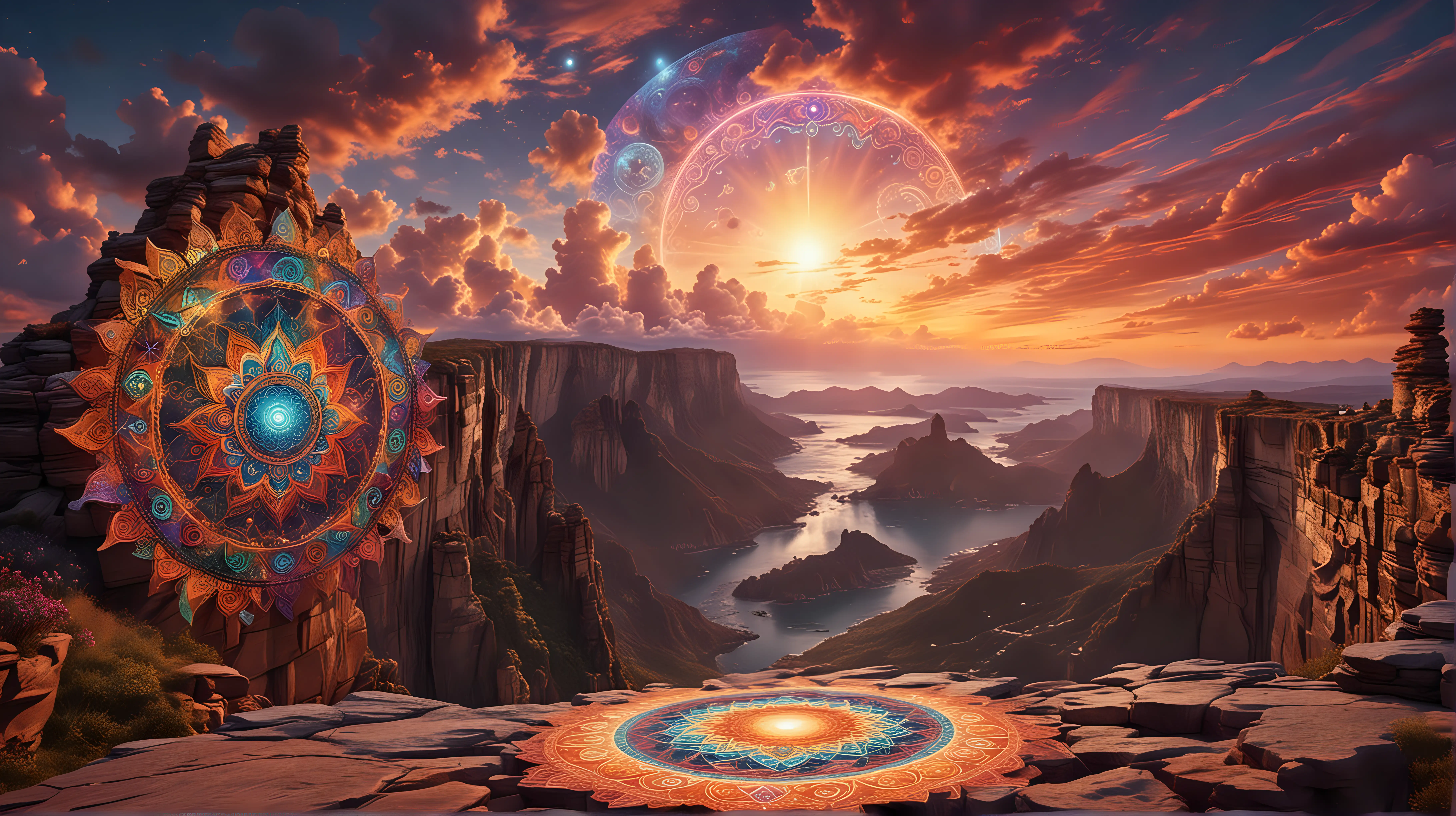 Psychedelic DMT Vision Sunset Cliff Universe with Dragon Clouds and Glowing Chakra Mandalas