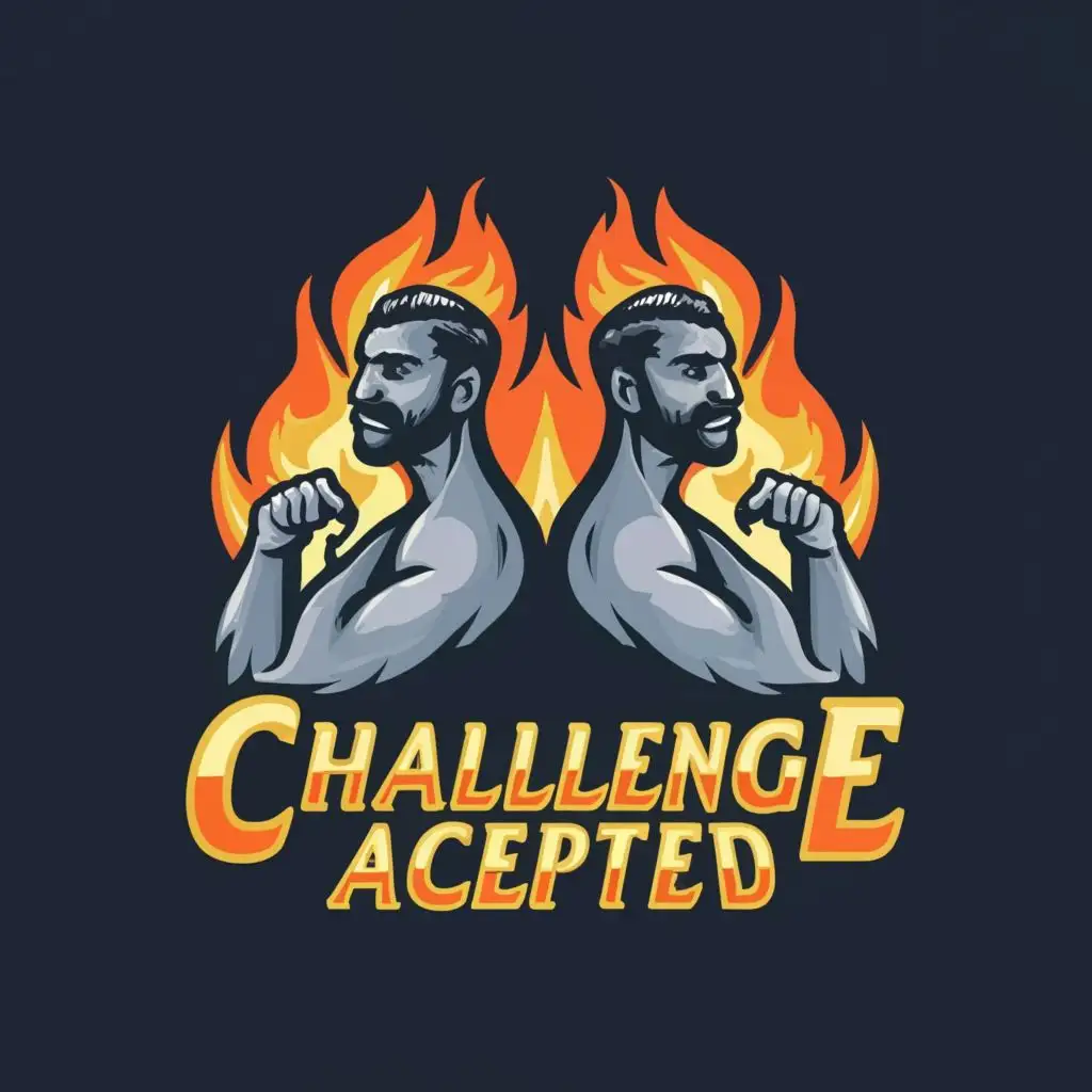 logo, two individuals back to back covered with flames, with the text "challenge accepted", typography, be used in Entertainment industry