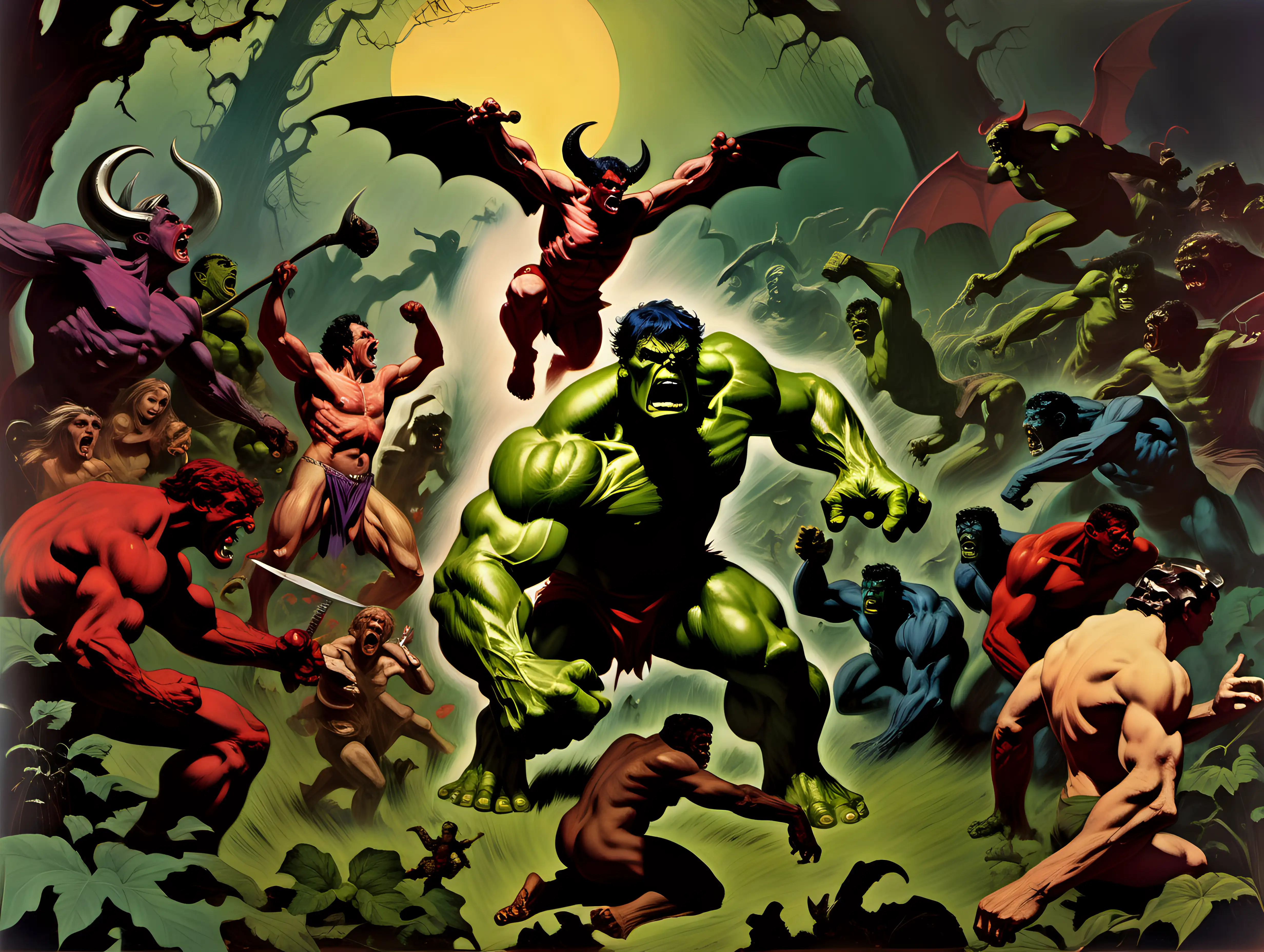 Satan fighting The Hulk in the Garden of Eden surrounded by demons in color in the style of Frank Frazetta