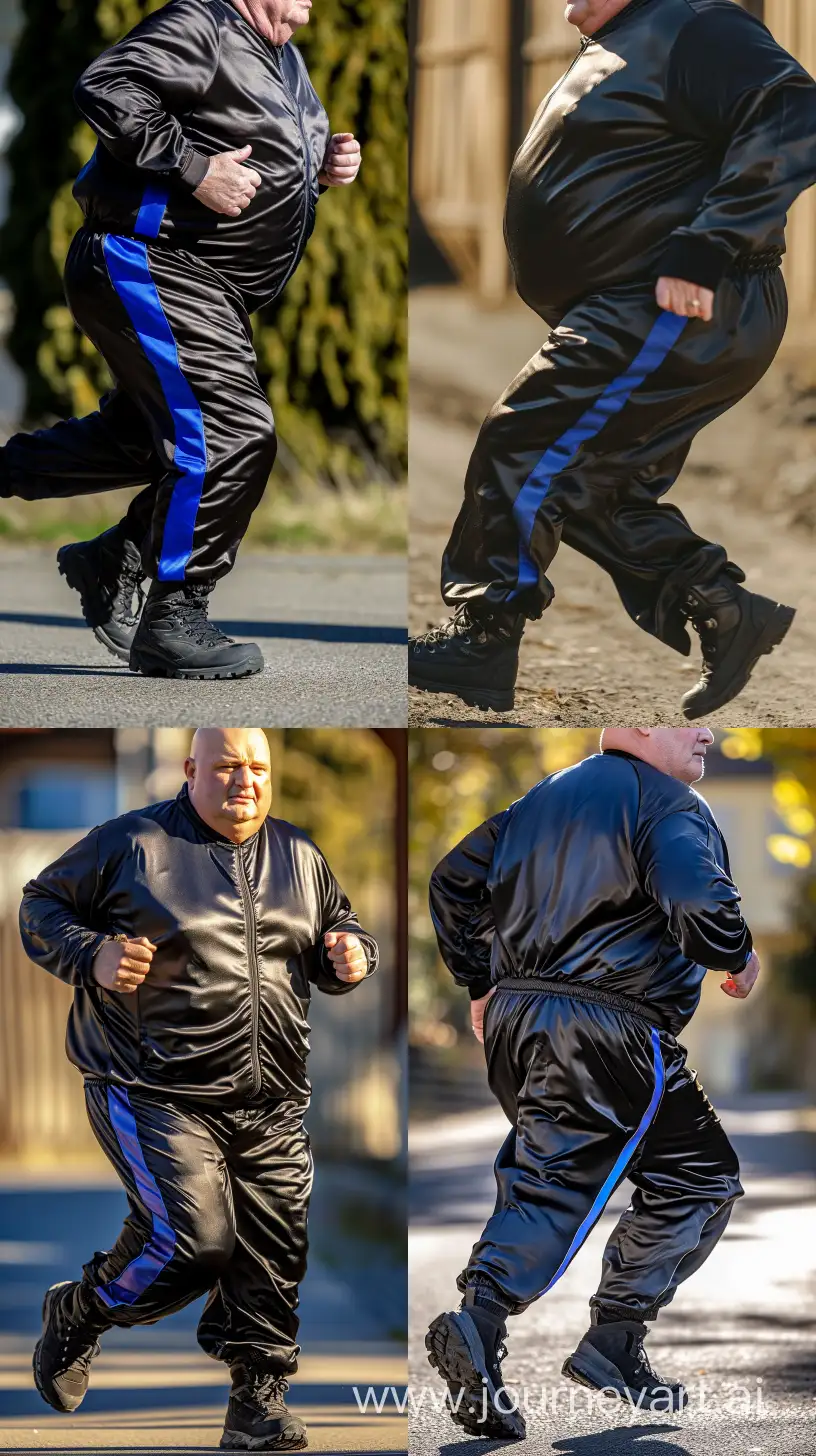 Portrait close-up photo of a chubby man aged 70 wearing a silky black tracksuit. Royal blue vertical stripe on the side of the pants. Black Hiking Boots. He is running. Direct Sunlight. Bald. Clean Shaven. Outside. --style raw --ar 9:16 --v 6