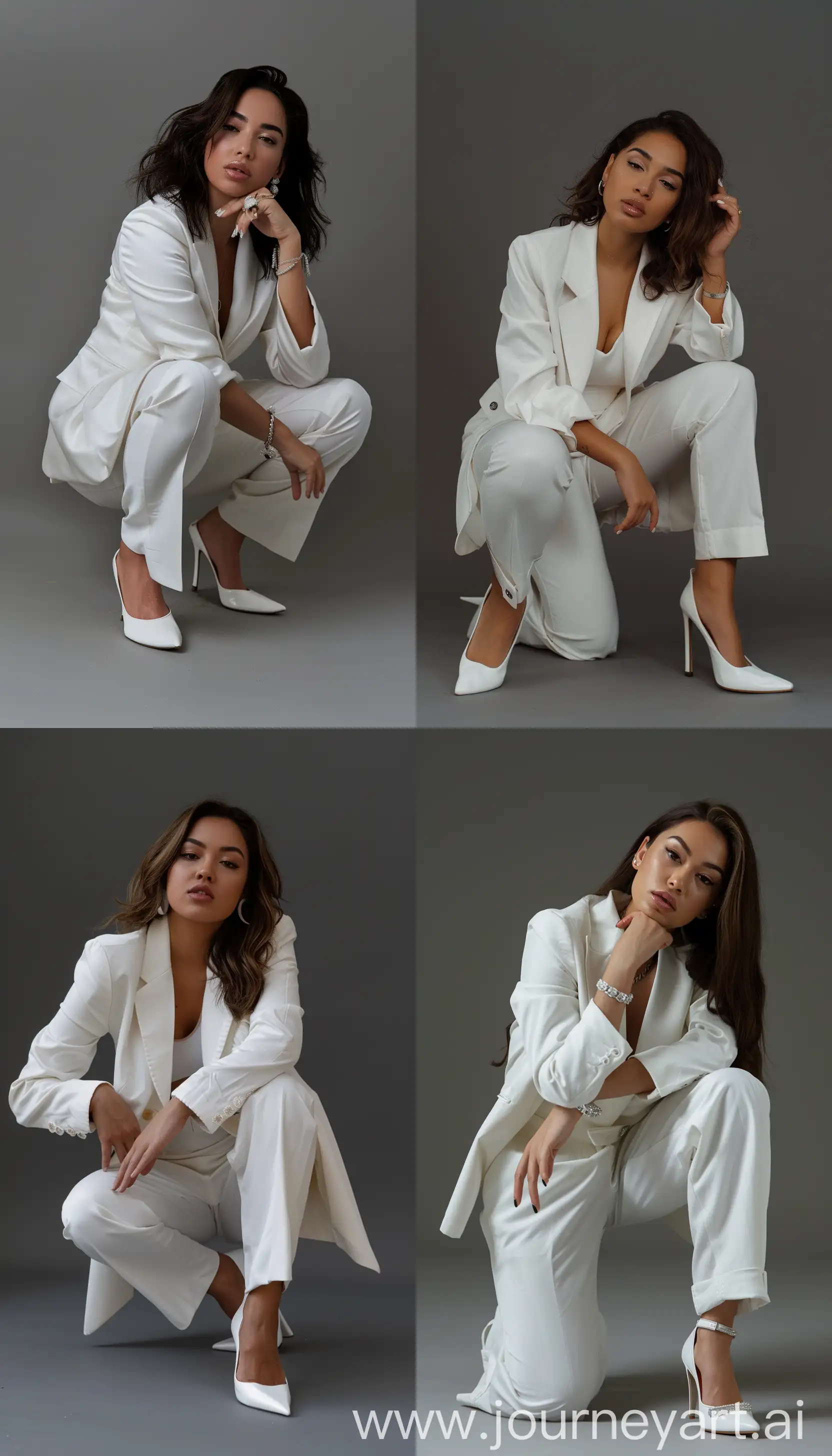 A stylish woman dressed in white crouching for a photo, studio picture, gray background, natural light, olive skin tone, hair styled with gel, full body, white elegant shoes --sref https://i.pinimg.com/564x/38/4e/2c/384e2cb51a0908c946b06ab95aebb72e.jpg --style raw --v 6 --ar 4:7