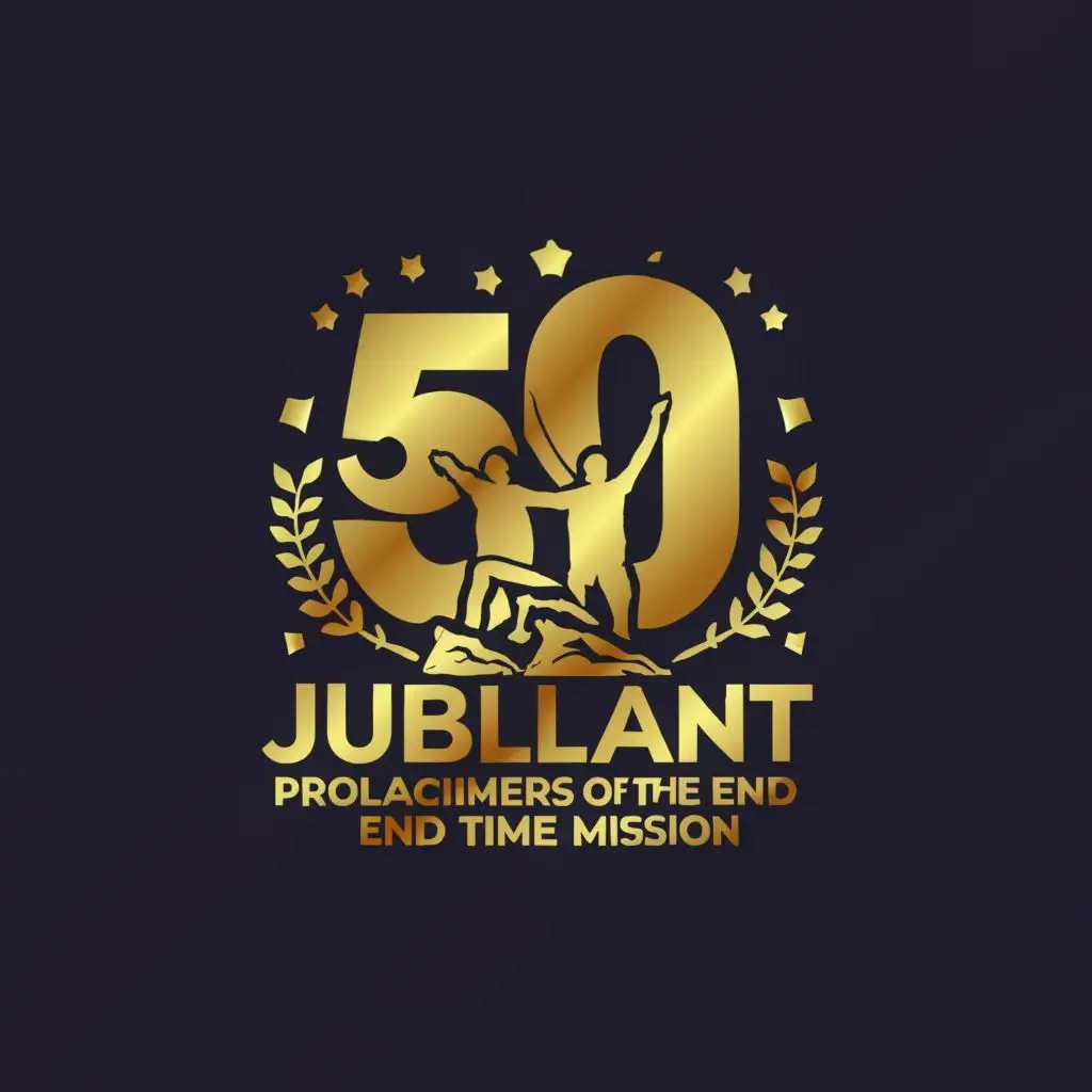 LOGO-Design-for-Jubilant-Proclaimers-of-the-End-Time-Mission-Golden-50-Emblem-atop-a-Mountaintop-with-Outstretched-Arms