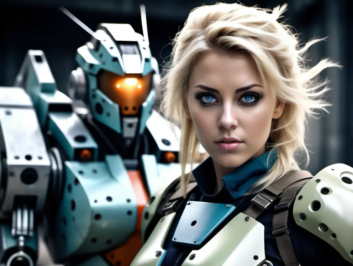Beautiful Nordic woman, very attractive face, detailed eyes, big breasts, dark eye shadow, messy blonde hair, dressed as a colored Anthem javelin pilot, close up, soft light on face, rim lighting, facing away from camera, looking back over her shoulder, giant robot in the background, photorealistic, very high detail, extra wide photo, full body photo, aerial photo
