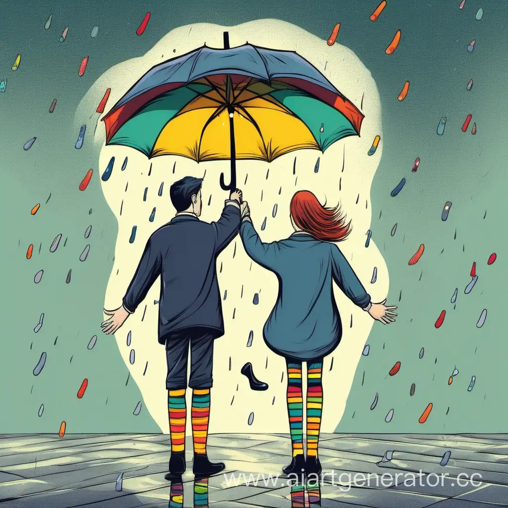 Whimsical-Couple-Sheltering-Under-Umbrella-as-Multicolored-Socks-Rain-Down