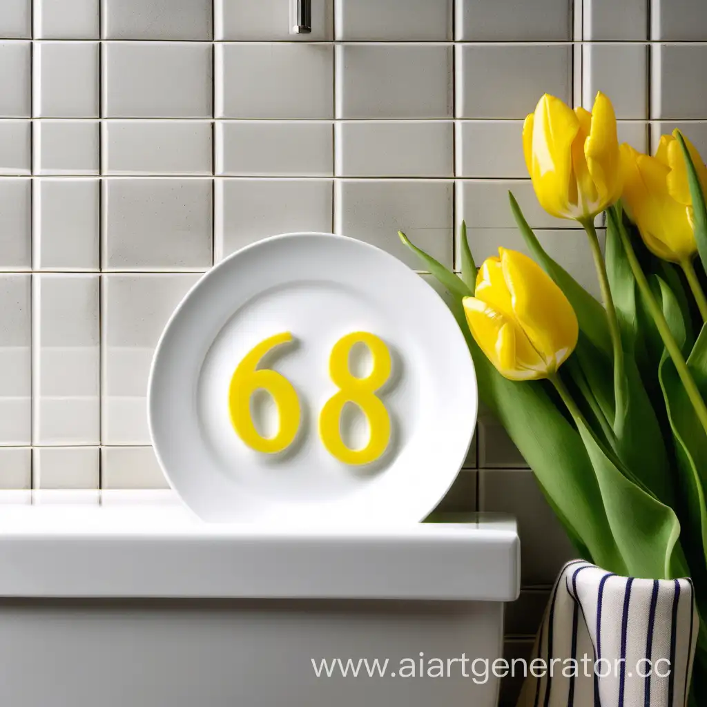 Тарелка в ванной с жёлтыми тюльпанами и числом 618