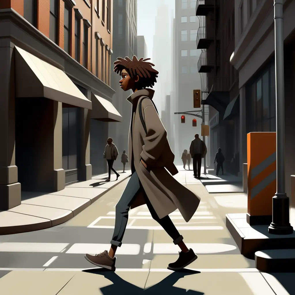 
"2D illustration prompt: Side view of a person walking down a city street. Capture the character in a natural and dynamic stride, clothing reflecting a modern urban style. The street should be lined with buildings, featuring various architectural details. Add depth to the scene with atmospheric perspective, distant figures, and vehicles. Consider the time of day, casting long shadows to evoke a sense of ambiance. Ensure the character's posture and expression convey a mood or purpose. The scene should feel alive with subtle details like pedestrians, street signs, and urban elements. Aim for a balanced composition with attention to perspective and proportion."