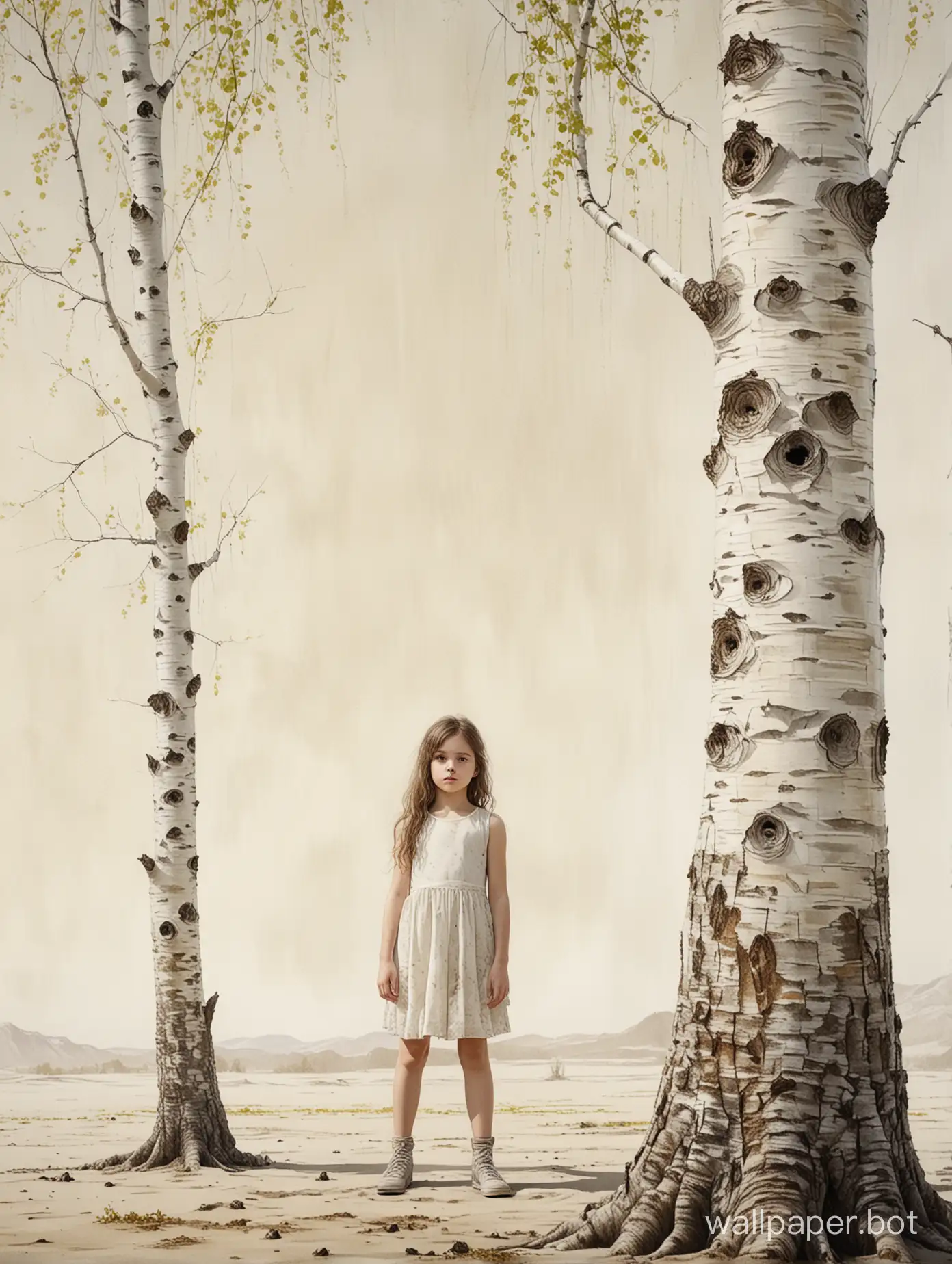 oil painting, watercolor ink, adorable 14 year old girl stands by a birch tree on a grunge sand, lime and creamy white background, triple exposure, perfect fingers, perfect body, flawless composition, Isao Andrews, Tim Burton, Leonardo da Vinci, dynamic light and shadow, hyperrealistic