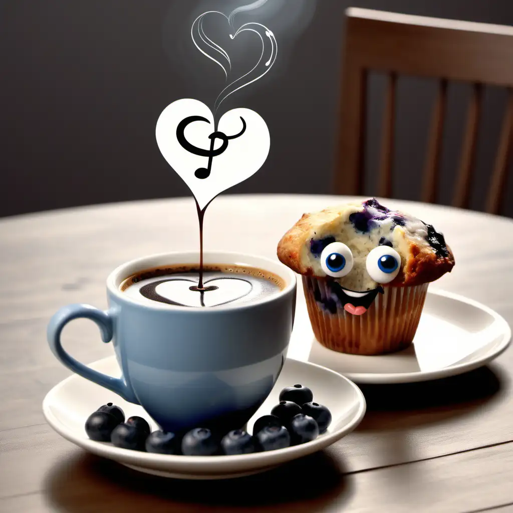 Good morning funny cup of coffee sitting on a table, laughing with a creamer heart in the center. There is a blueberry muffin sitting on a plate to the left looking like it is dancing dancing. There are musical notes floating in the air.  