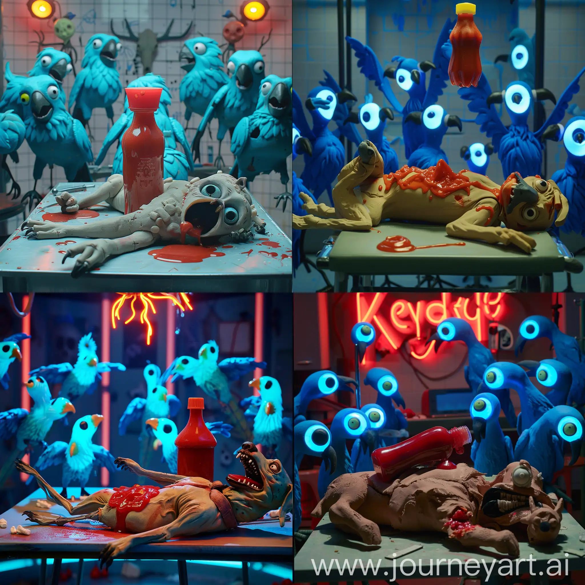 A dead ketchup bottle on a dead dog body on a table in the autopsy room surrounded by neon blue parrots with no eyes, in claymation