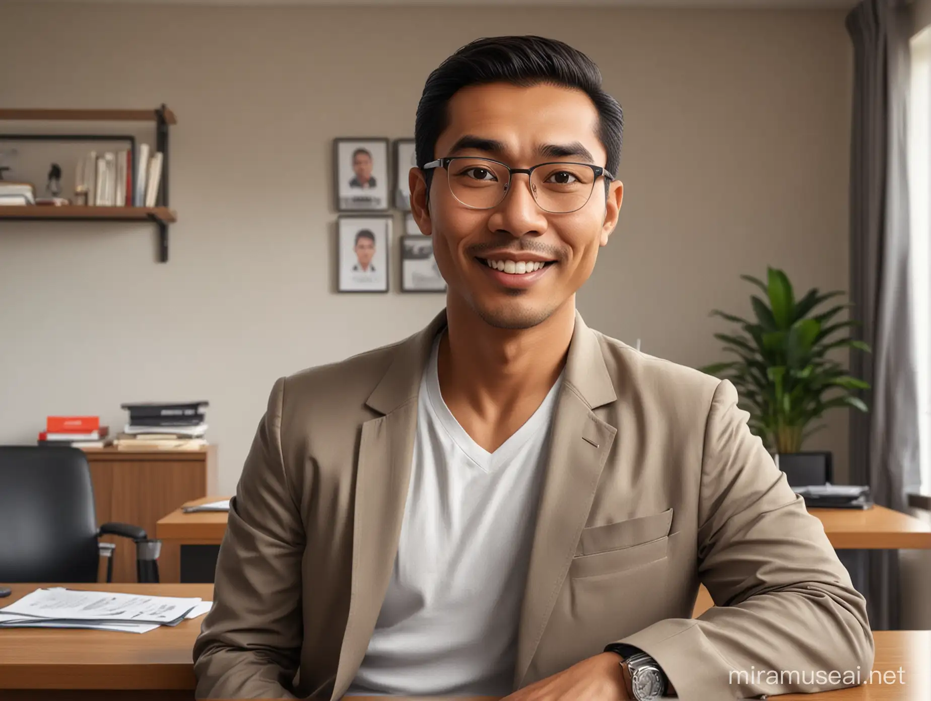 a reallistic caricature, a handsome and sturdy 25 Indonesian man sitting, a chest-high table in front of him, wearing a blazer and a t-shirt that says "CRC", in a modern office, apparently explaining something 