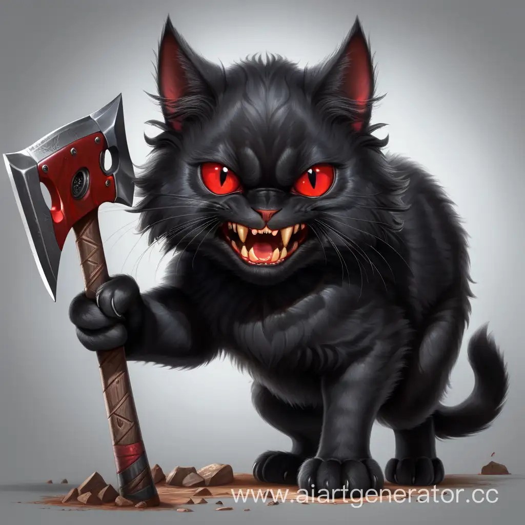 милый чёрный кот с огромным топором в зубах, красные глаза, пушистый, расширенные зрачки