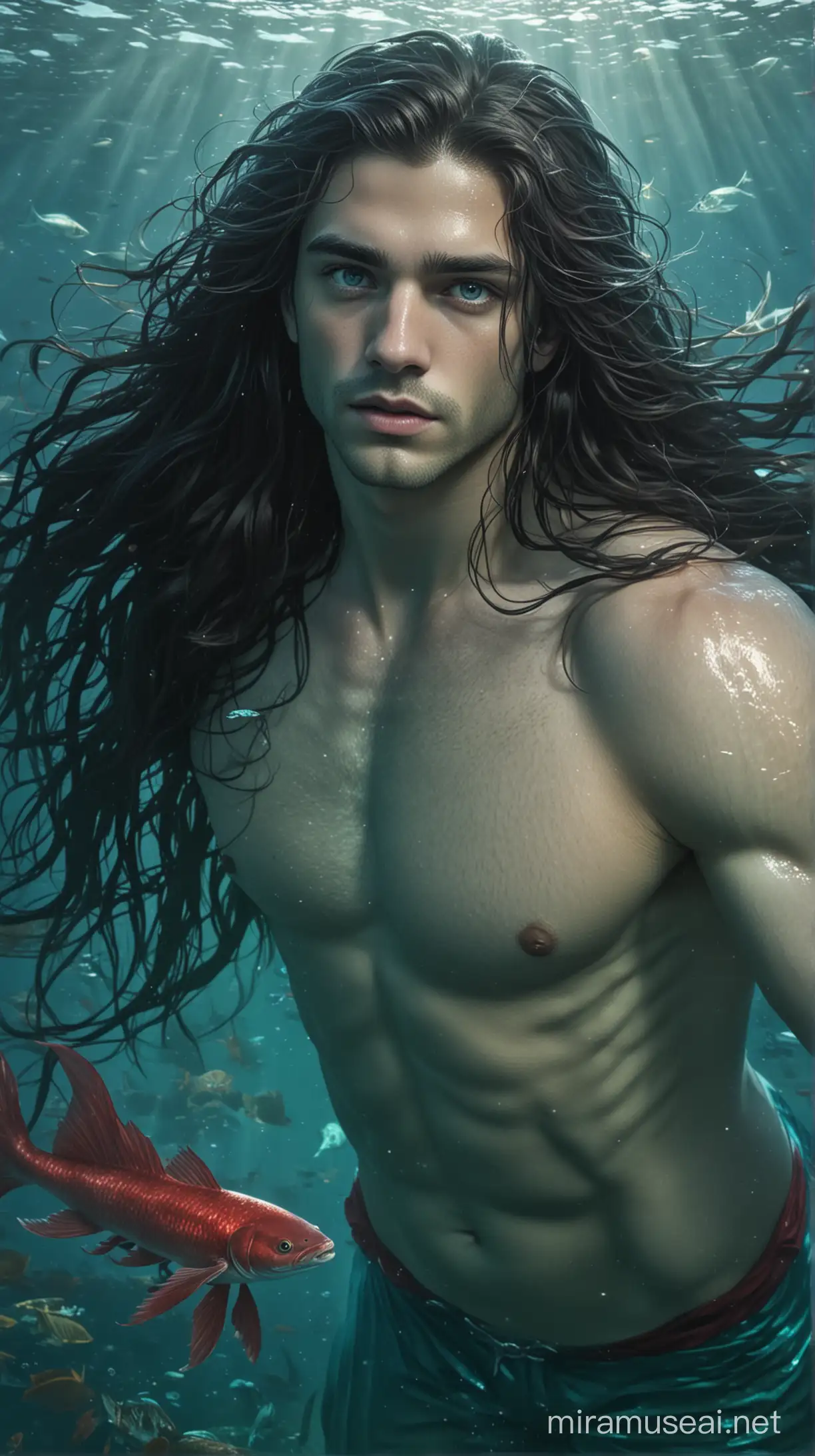 underwater, merman, long dark hair, light-blue eyes, teal-red tail