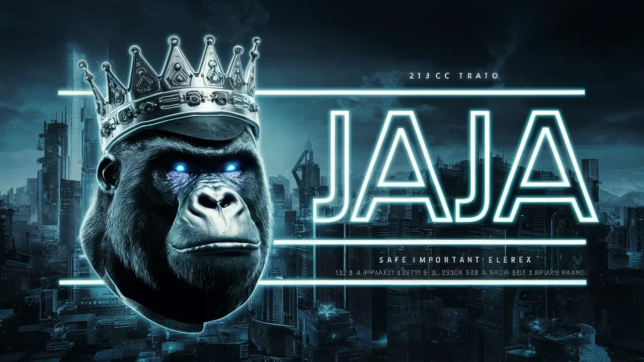 Generate a unique cyberpunk art for my YouTube banner. Use a cool gorilla head wearing a crown in the first 3rd and write the word "JAJA" in the last 3rd of the picture. The ideal result should have an aspect ratio of 21:9. All important elements should be placed within the banner’s safe area of 1235 x 338 pixels