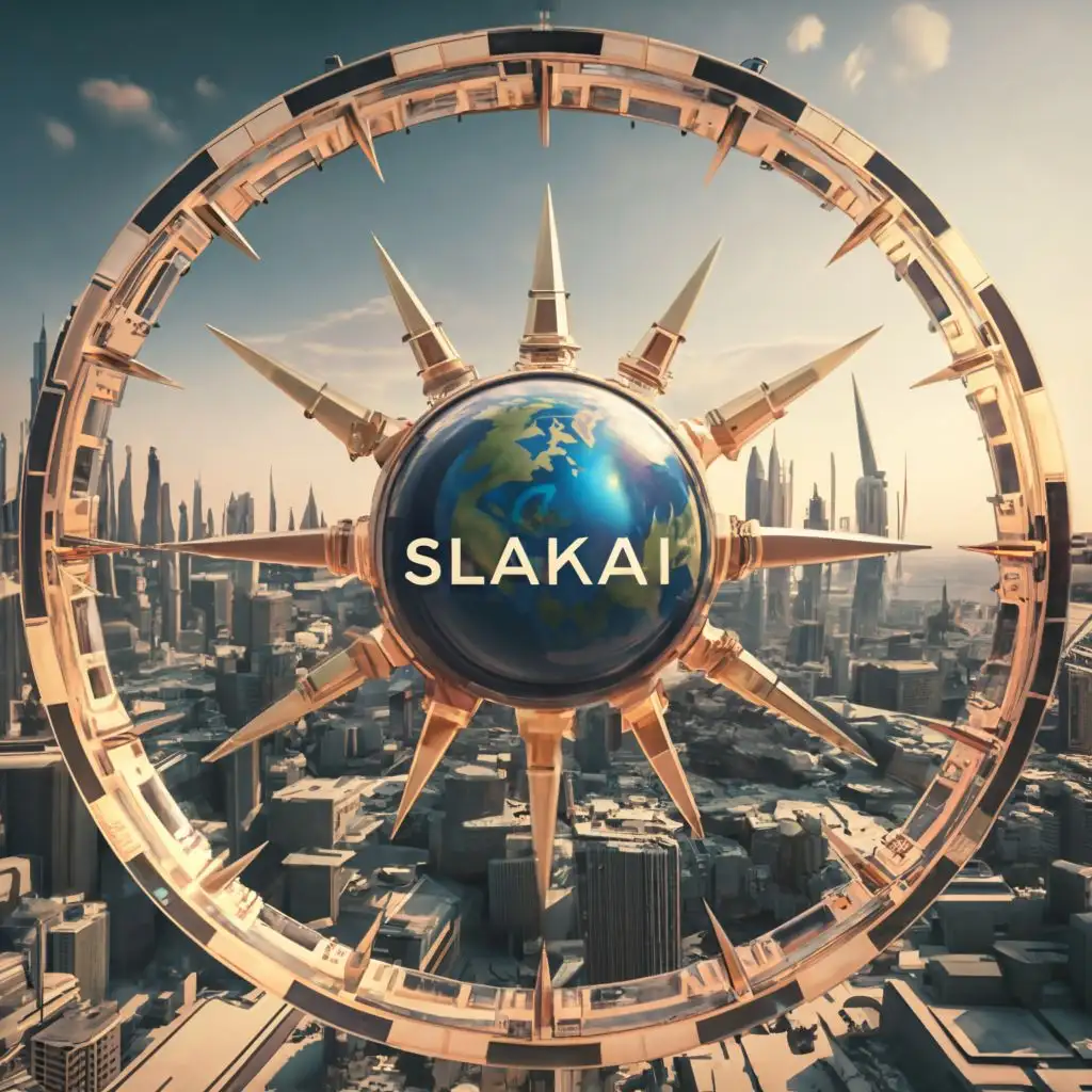 logo, a futuristic cityscape as the background with a circular logo featuring eight sharp gold arrows pointing outward in 45 degree intervals starting at 0 degrees, with a glass dome at the center of the logo with earth inside, with the text 'SLAKAI' in thin font, typography, be used in Entertainment industry