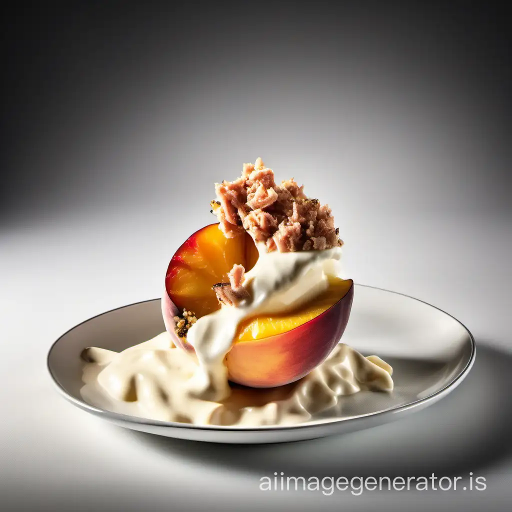 food hq photography of half peeled peach with mayonnaise and tuna crumbs, professional photography for magazine,  in a luxurious Michelin kitchen style, studio lighting, depth of field, ultra detailed, with belgium flag on top