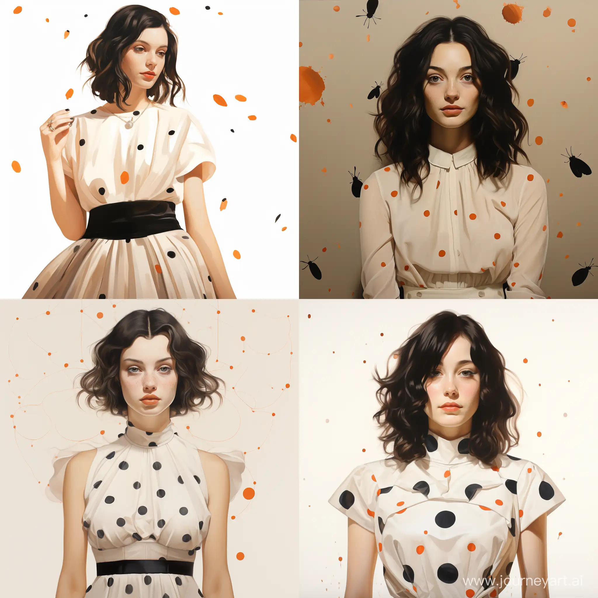 young italian 25yo woman wearing a white and black dress with orange little dots, dress inspired by an insect, fashion design, realistic,