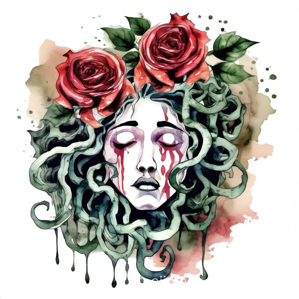 Abstract cartoonish watercolor design of a desperate crying medusa head with roses around, sumi-e watercolor style, tshirt print design, with empty background 