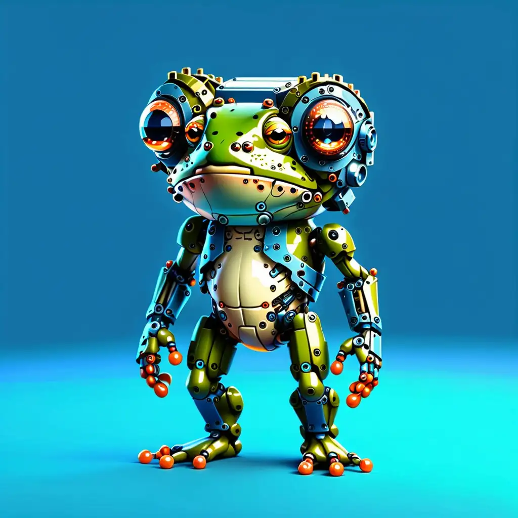 Pixel Little Frog Cyborg on Blue Background