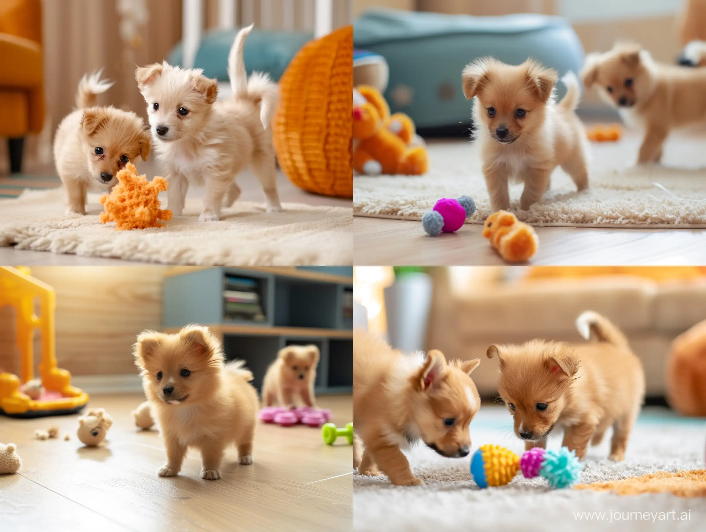 Mini Spitz puppies play with a toy in the room, warm colors