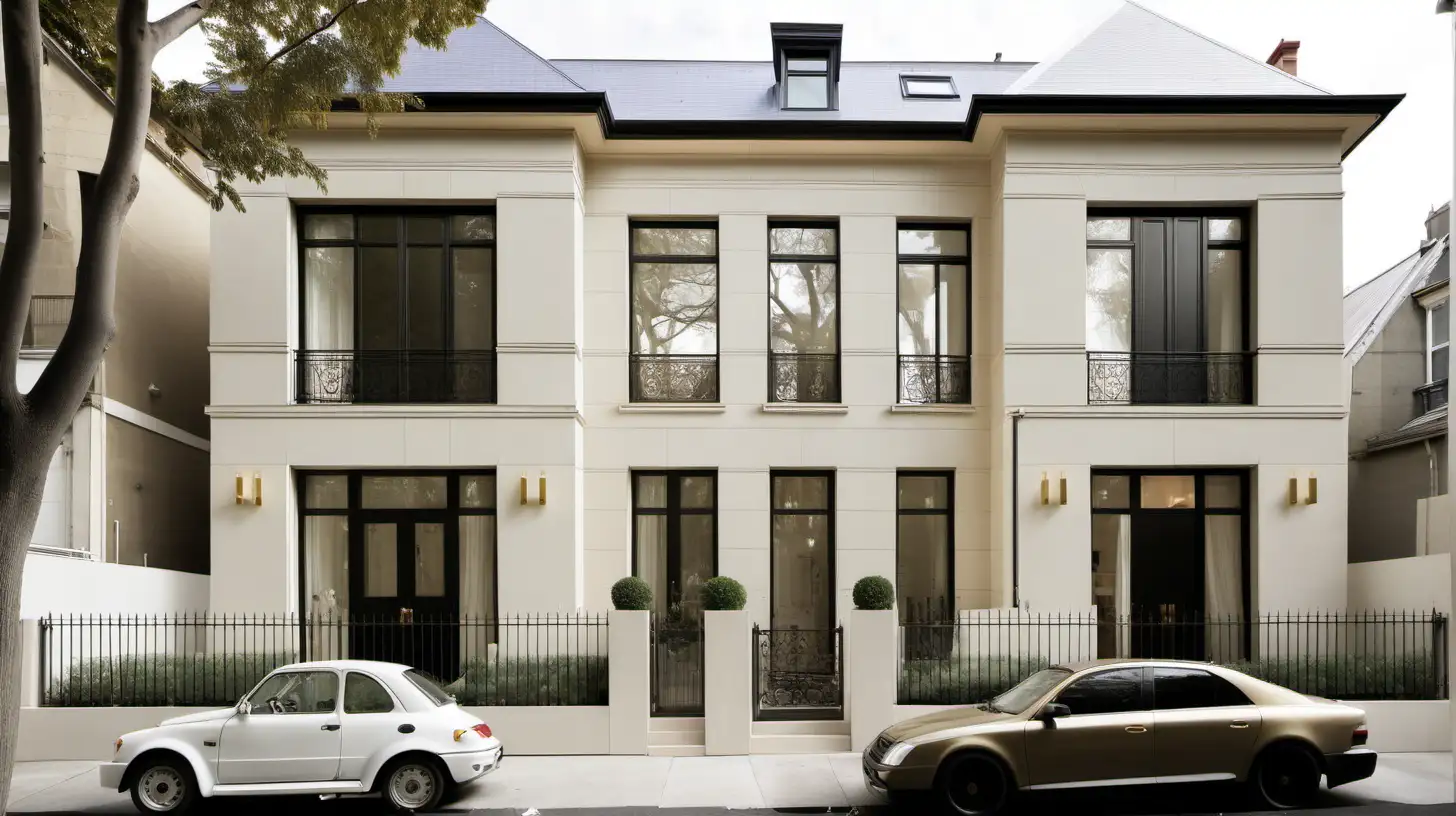 Modern Haussmanian home exterior; beige, ivory, brass; --neighbour homes