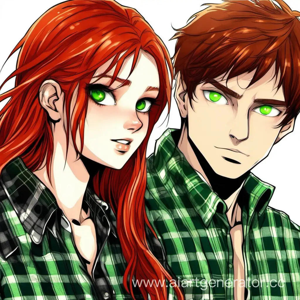 Девушка с рыжими волосами и зелёными глазами с парнем русые волосы и зелёными глазами и в клетчатой рубашкой