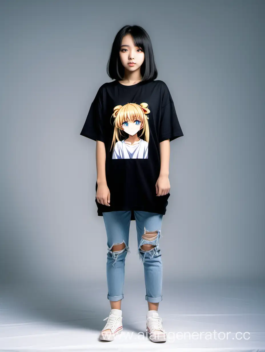 Anime-Teenage-Girl-Poses-in-Black-Oversized-TShirt-Studio-Photoshoot