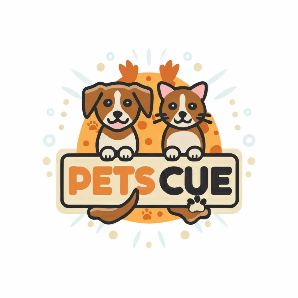 logo, dogs cats, with the text "Pets Cue" meaning pets rescue, typography, be used in Nonprofit industry to provide medical care, shelter and adoption. 