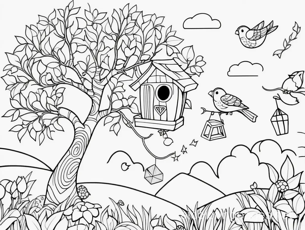 a big tree, 2 birds flying, 1 bird nest with eggs, 3 kites in the sky, 春, Coloring Page, black and white, line art, white background, Simplicity, Ample White Space. The background of the coloring page is plain white to make it easy for young children to color within the lines. The outlines of all the subjects are easy to distinguish, making it simple for kids to color without too much difficulty