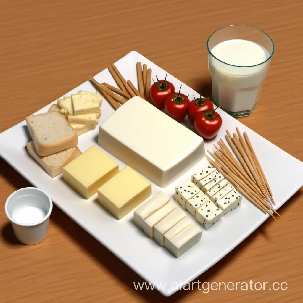 сгенерируй картинку стола для дегустации молочной продукции куски еды зубочистки и номера
