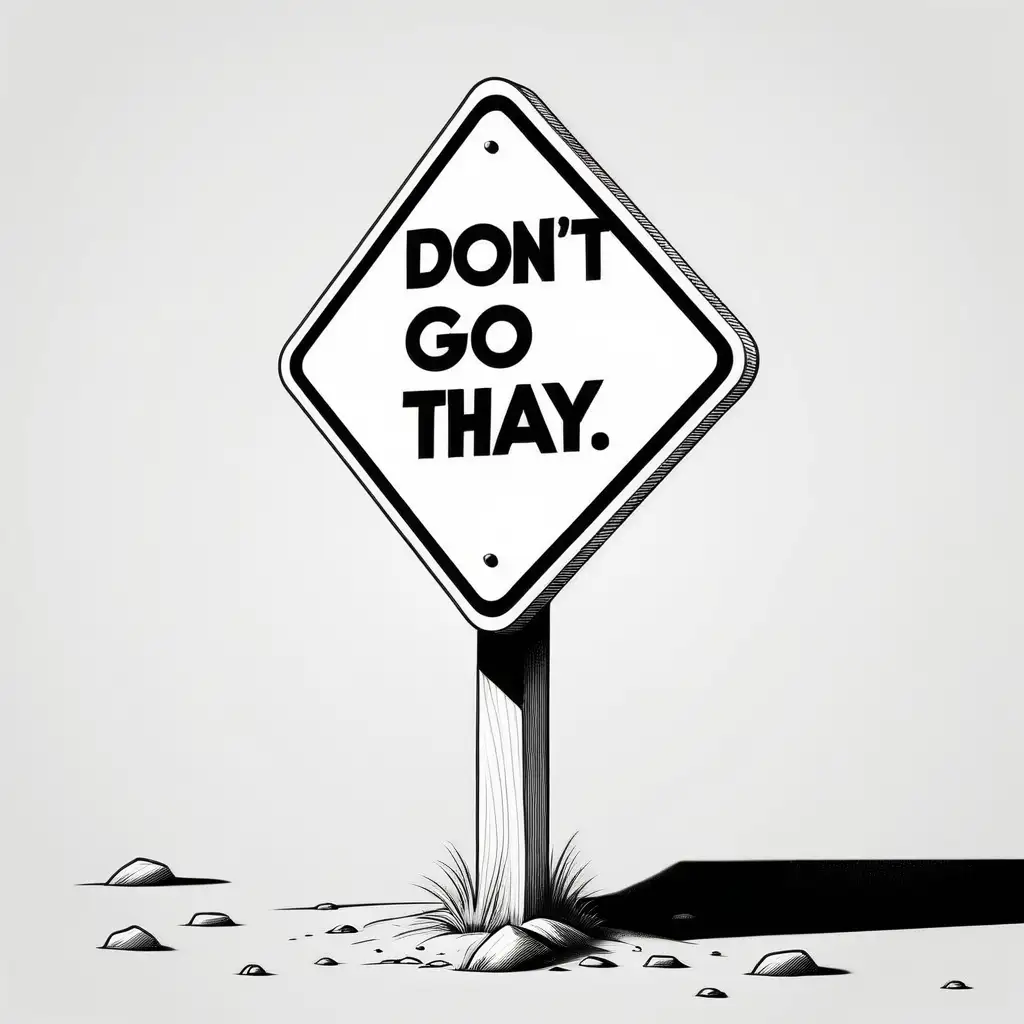 black and white, [a sign that says "Don't Go That Way"], simple, white background, cartoon like.