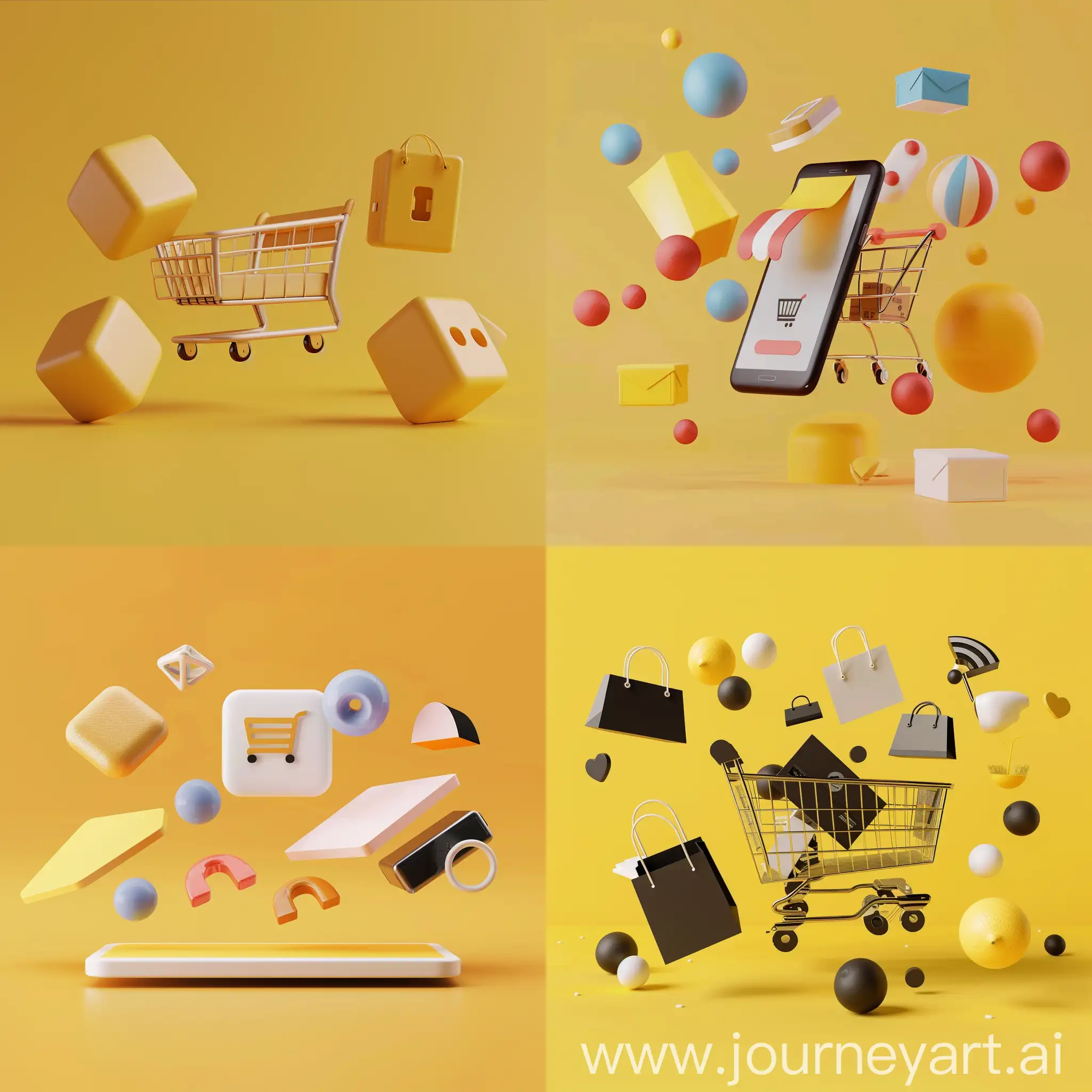 3d floating ecommerce shapes, yellow background