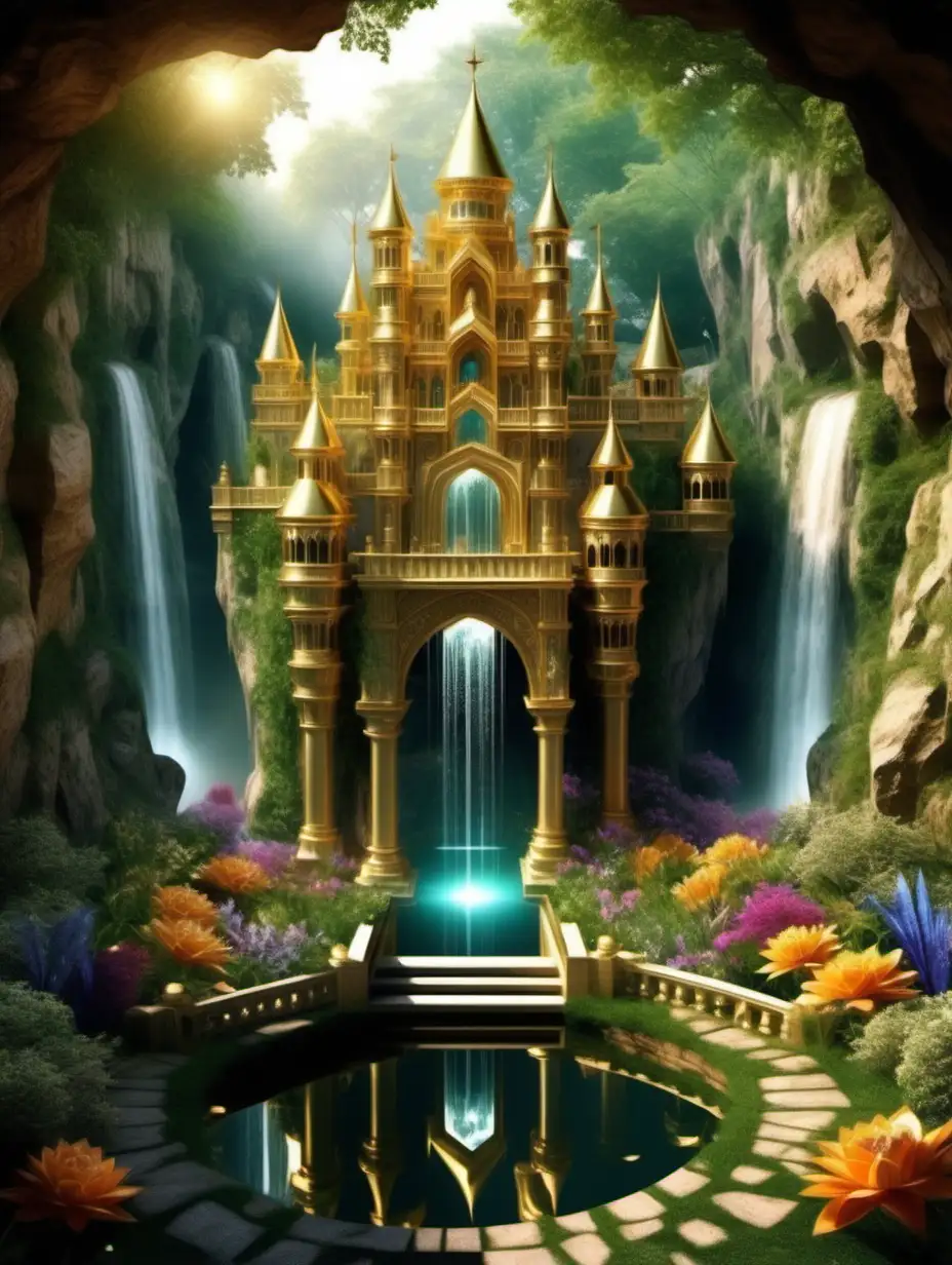 Heaven. Gold castle. Divine Nature. Highest Holiest Era. Flower Gardens. Water falls. Jharna. Gold and diamonds. Precious gem stones. Mirrors. A frame of plants. 