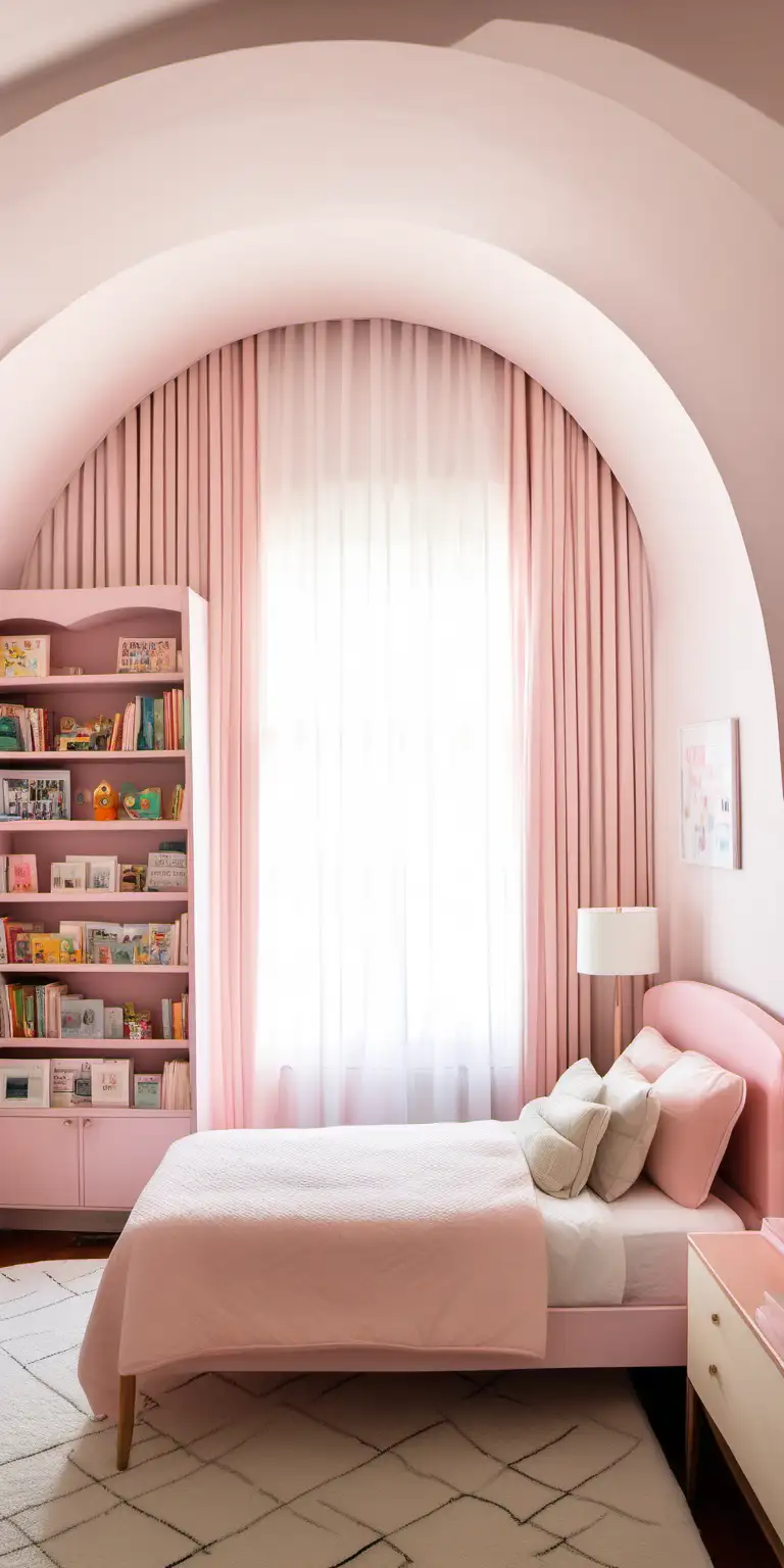 camera top view, simple, clean, mid century modern, girls bedroom, soft pink bed, arched bookcase, white sheer curtains
