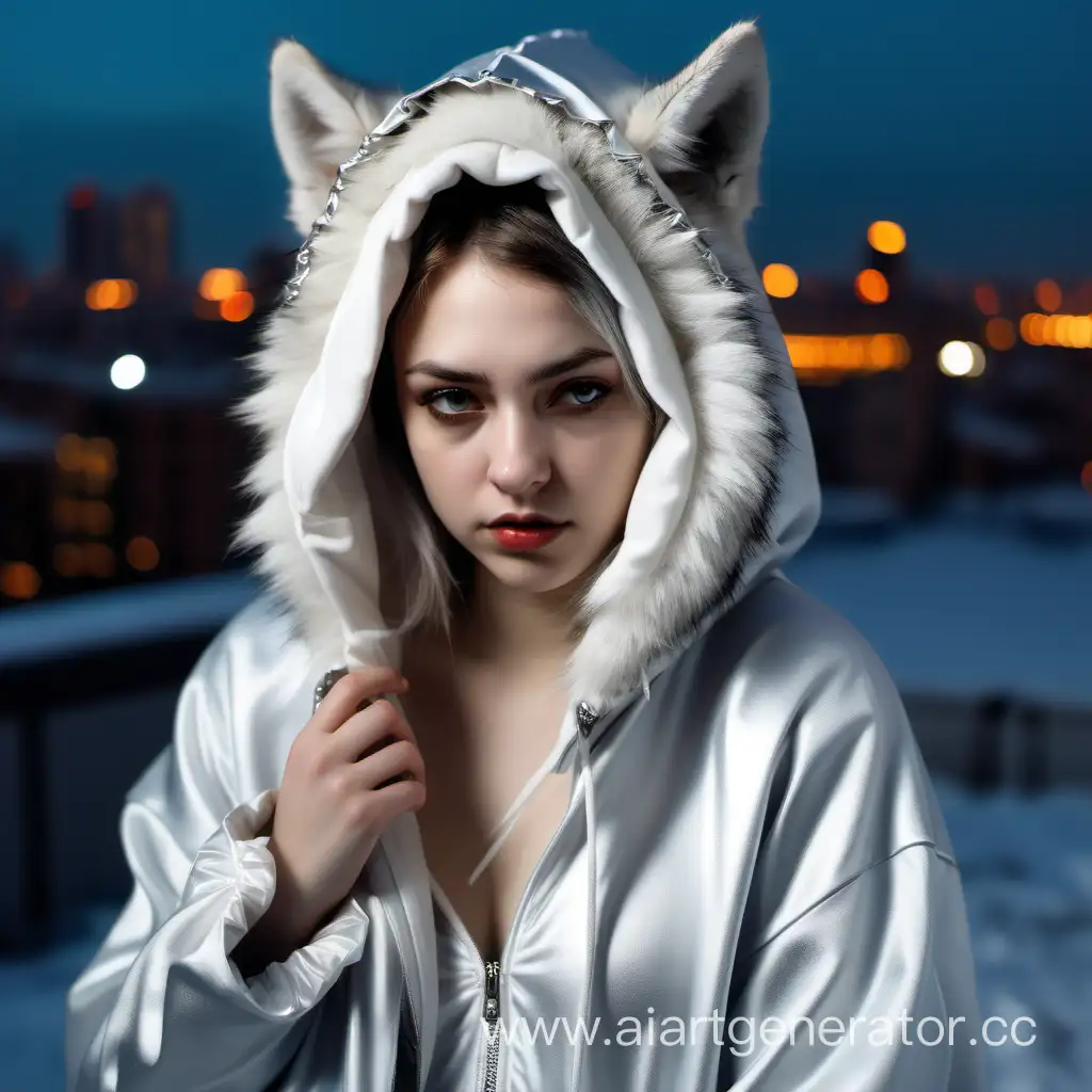 Грустная девушка 25 лет в серебряном капюшоне с мехом стоит возле белого волка. Вечерний город. 
