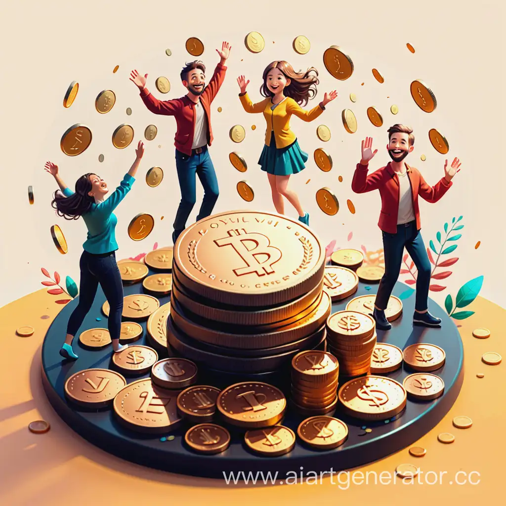 Joyful-People-Surrounded-by-Coins-in-Artistic-Style