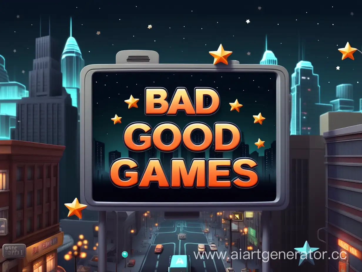 Текст "Bad Good Games" по центру экрана , ночной город, звезды, 