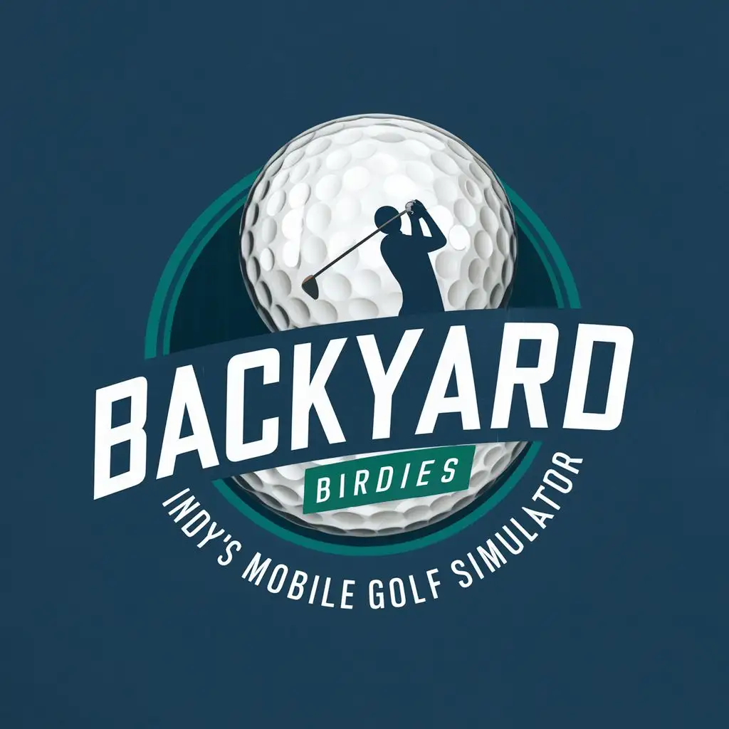 logo, golf ball golfer, with the text "Backyard Birdies Indy's Mobile Golf Simulator", typography