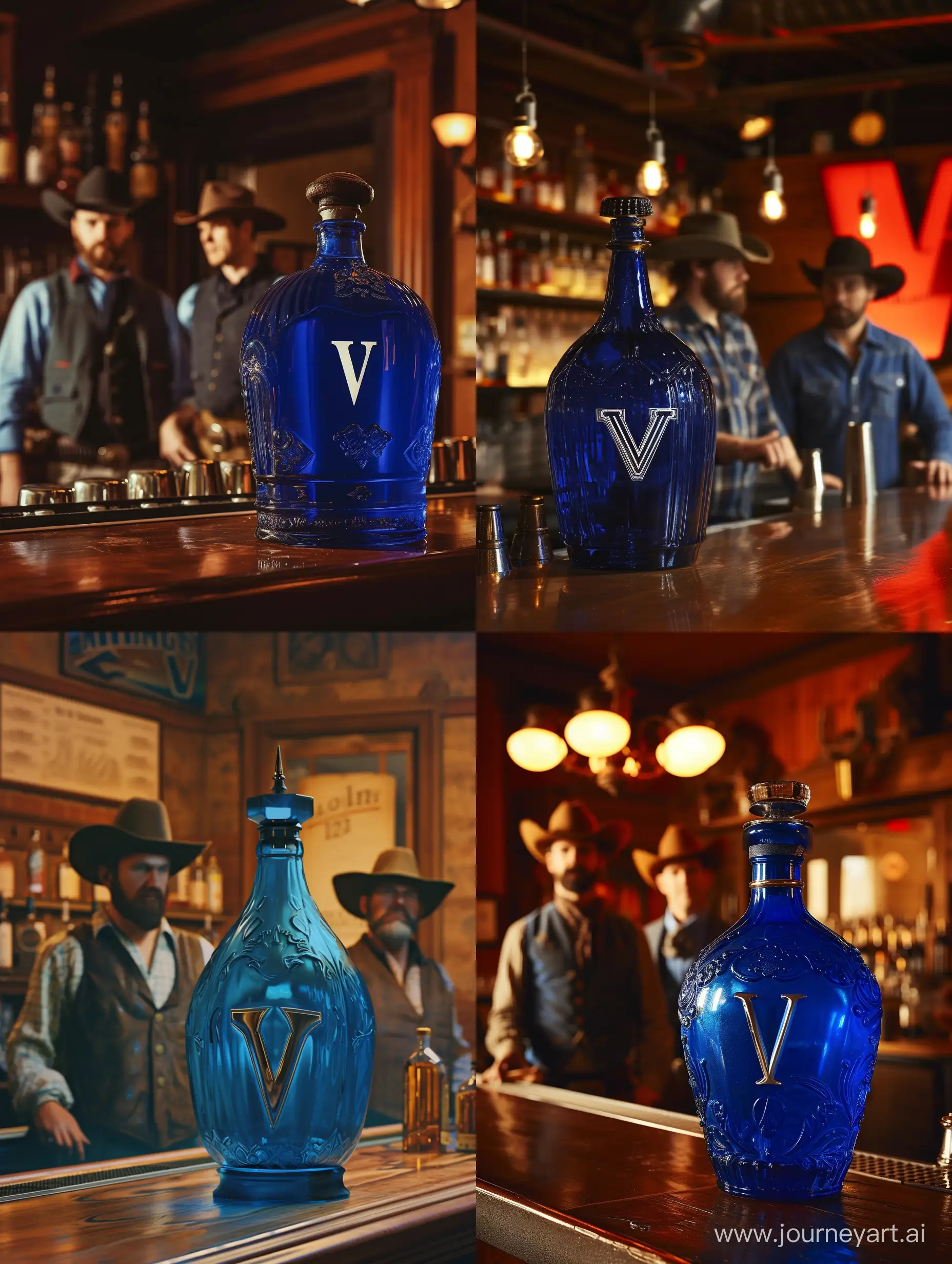 большая синяя бутылка алкоголя стоит на барной стойке на переднем плане, за ней стоят 2 ковбоя. На бутылке написана буква V
