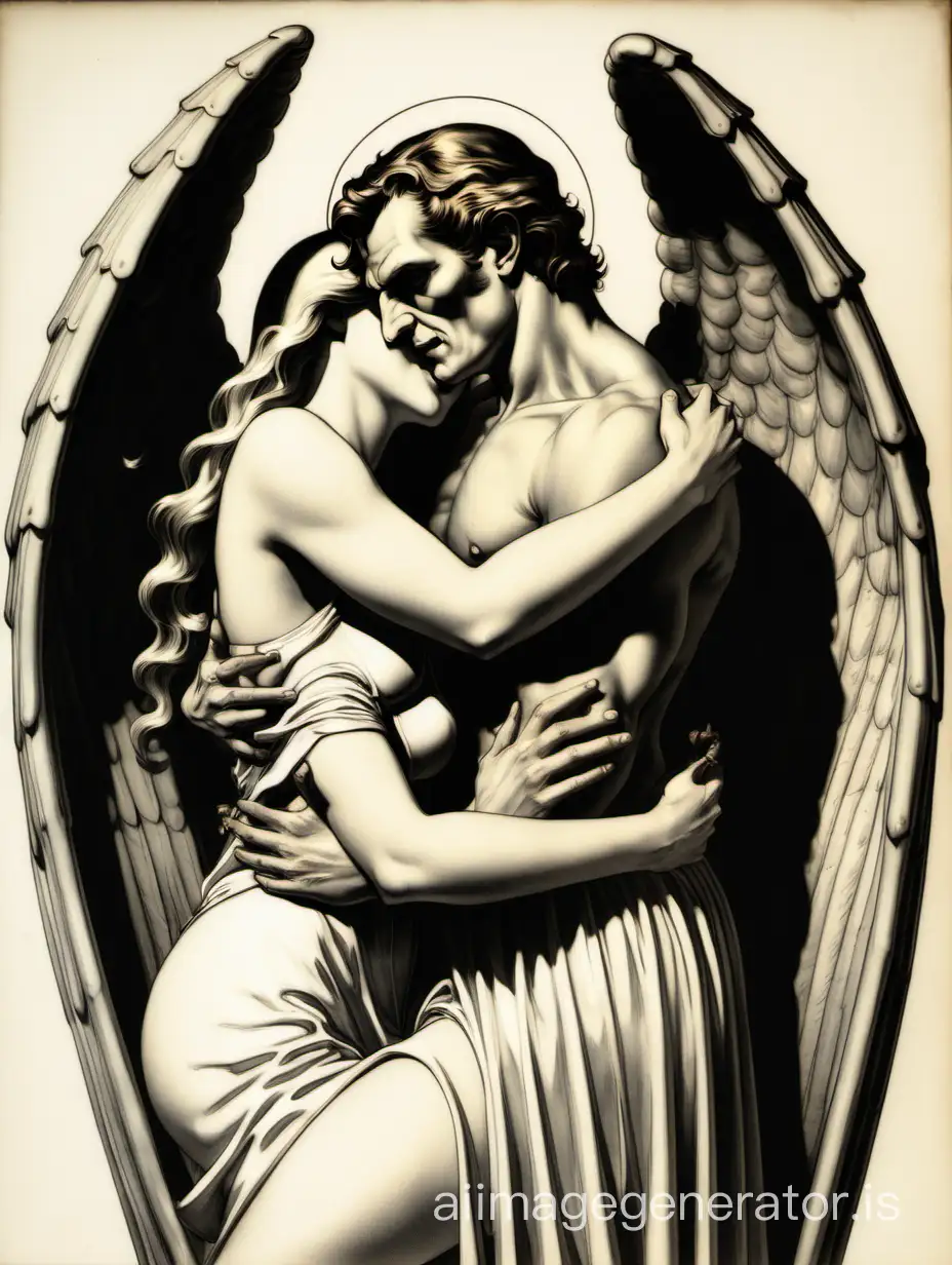 The devil's female and the angel's man embrace each other