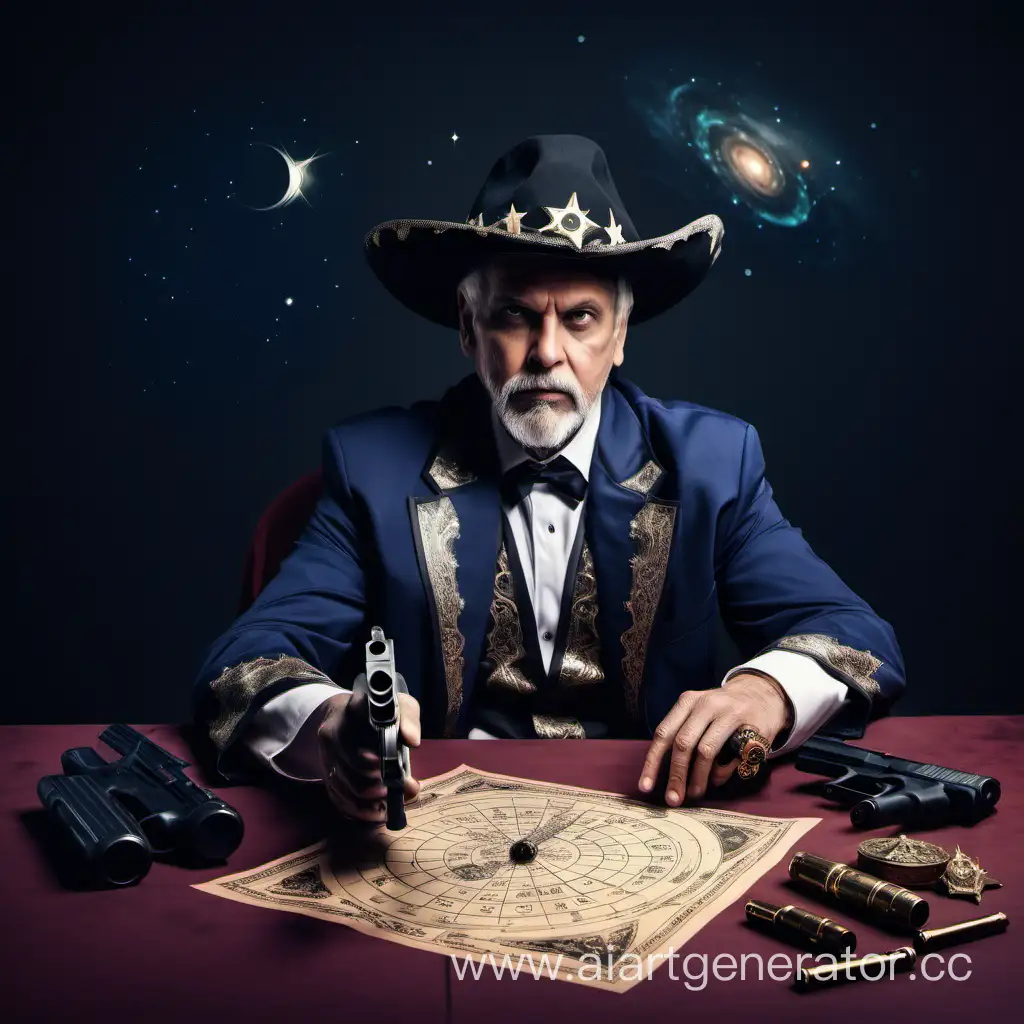 астролог сидящий за столом с автоматом
