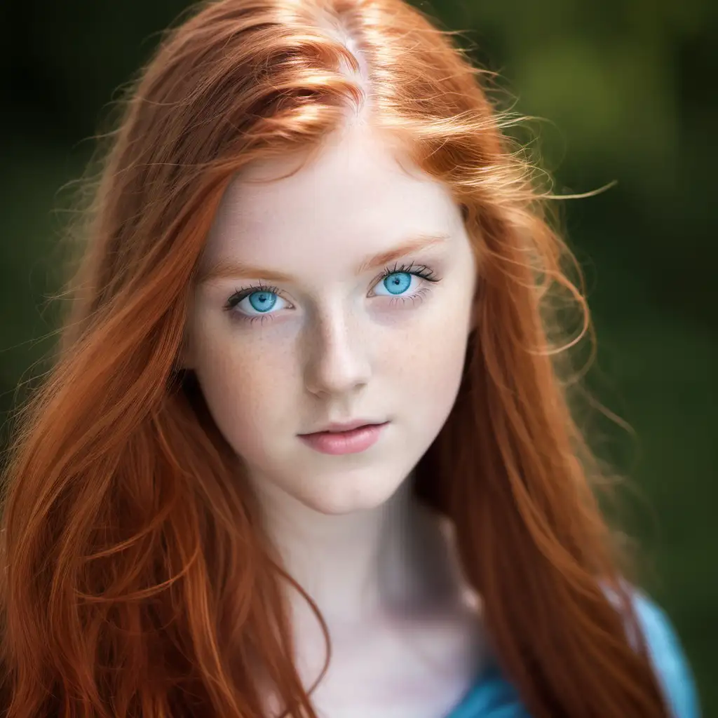 18 year old with, blue eyes, long red hair red hair. soft focus, 85mm Zeis lens.  Professional Photography.