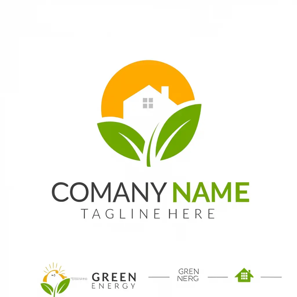 a logo design,with the text 'GREEN ENERGY' with Tagline 'NATURALLY POWERED', main symbol:A green leaf joined to a house with the sun rising from behind,Minimalistic,clear background