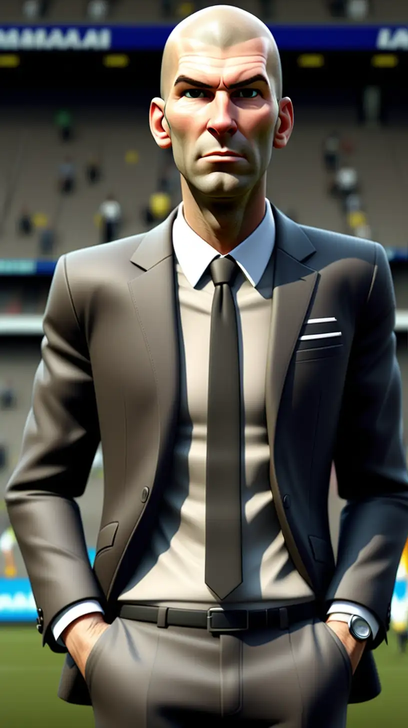 a football manager avatar in a suit that looks like Zinedine Zidane. Whole body, facing up, video game style, high resolution