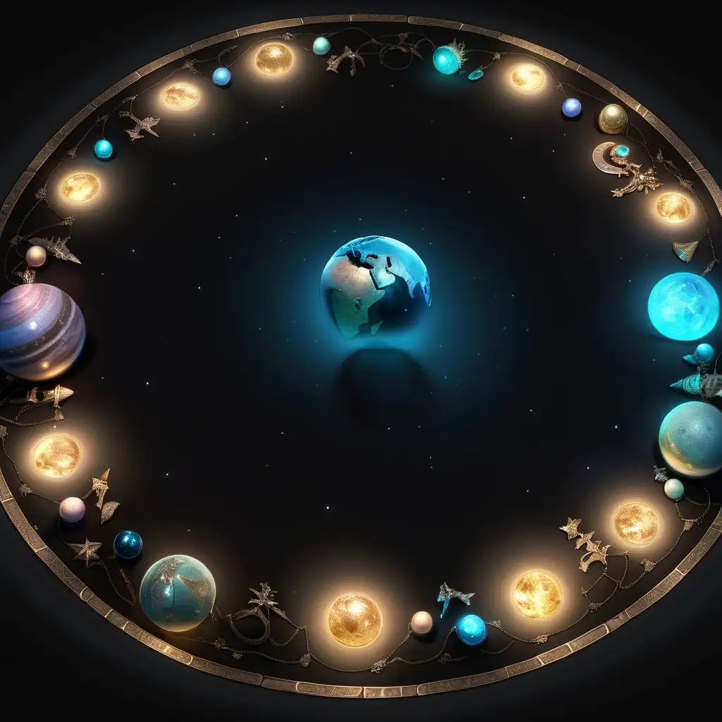 shrunken ground view of a floor, black background with shining lights, LED lights on the floor illuminating planets and treasure, ethereal, enosis, magical creatures