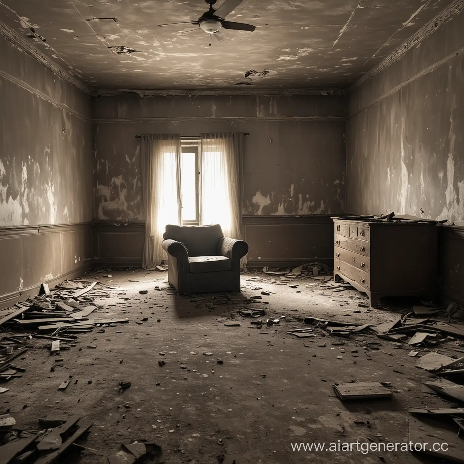 Старая мрачная комната с жутким освещением с пыльной и местами сломанной мебелью и общарпаными стенами
